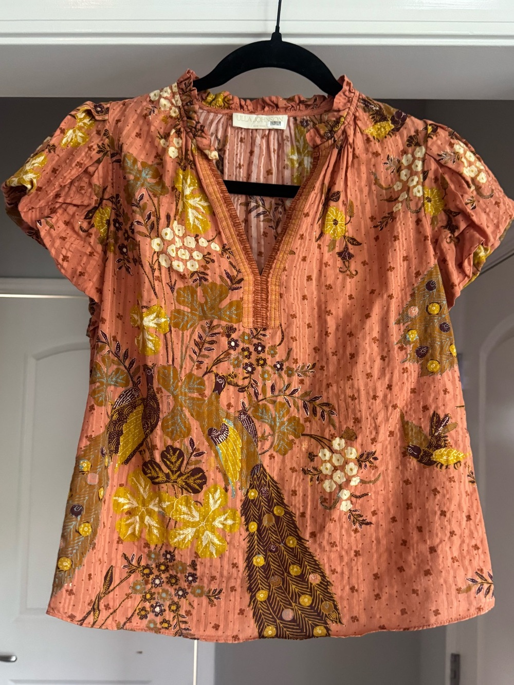 Ulla Johnson Kai Peacock 00 Pink Floral Bird Print Cotton Flutter Sleeve Boho